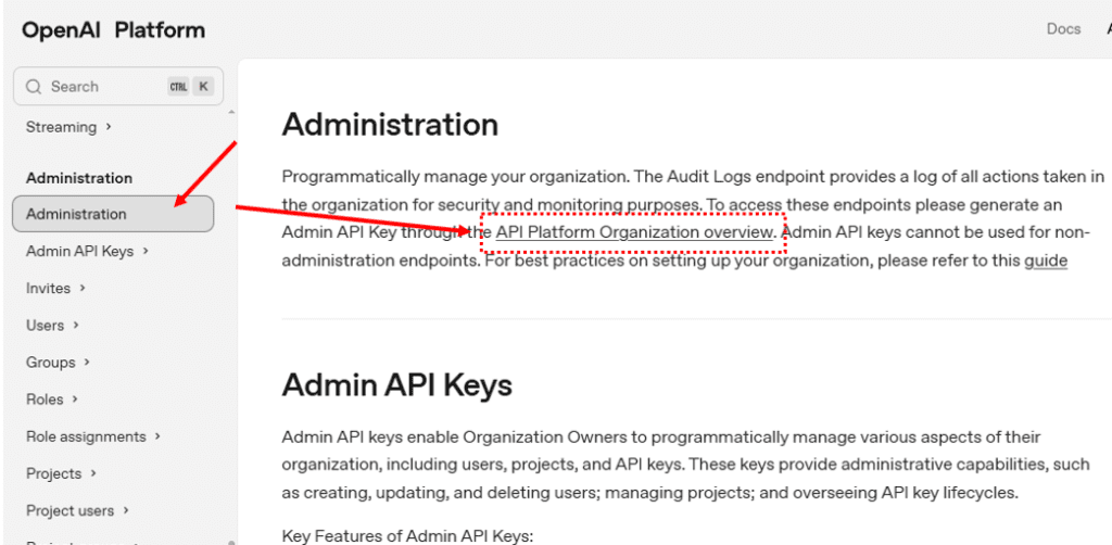 OpenAI API Administration 메뉴 이미지
